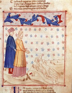 Circle of Traitors: Dante och Virgil möter Ugolino della gherardesca, tyrann i Pisa och fördömer för förräderi mot hemlandet, han slår chefen för Archeveque Ruggeri. Upplyst sida som illustrerar helvetets 33:e sång hämtar från "Divina Commedia" av Unknown artist