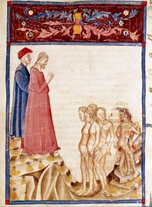 Circle of Traitors: Dante och Vergilius möter själarna från välgörarnas förrädare. Upplyst sida som illustrerar helvetets 34:e sång hämtar från "Divina Commedia" av Dante Alighieri (1265-1321). 1300-talet, Venedig, Biblioteca Marciana av Unknown artist