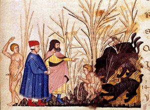 Circle of Violents: Dante och Virgil möter de våldsamma mot andra. Upplyst sida som illustrerar en helveteslåt hämtar från "Divina Commedia" av Dante Alighieri (1265-1321). 1300-talet, Venedig, Biblioteca Marciana av Unknown artist