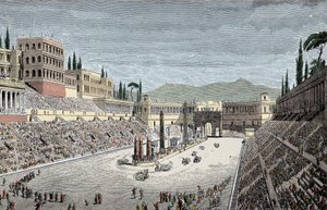 Circus Maximus - Den stora cirkusen eller cirkus Maxime, i Rom, med en strid för vagnar - Färggravyr