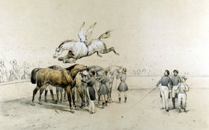Cirkus visar en bevingad häst hoppar över tre förbundna hästar. av Unknown artist