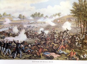 Inbördeskriget (1861 - 1865), Amerikanska inbördeskriget 1861-07-21: Första slaget vid Bull Run eller Första slaget vid Manassas: Virginia, konfederationen under befäl av general Beauregard besegrade general Mac Dowells nordiska trupper. Gravyr. av Unknown artist