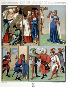 Civila dräkter under medeltiden från 1300- till 1400-talet. I "Den historiska kostymen" av A. Racquet av Unknown artist