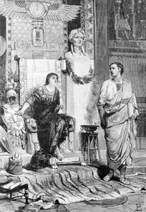 Kleopatra (69 f.Kr. - 30 f.Kr.), drottning av Egypten och Octave, kom för att prata med henne efter Actiums nederlag och Marc Antonius död. Gravyr av 1800-talet. Storia d