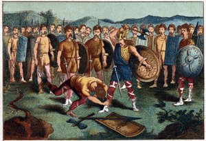 Clovis (465-511) och den frankiske krigaren som slog sönder Soissons vas 486 - Clovis 1:a sköt ner soldaten som hade krossat Soissons vas, 486. Kromolitografi av 1800-talet. av Unknown artist