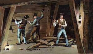 Kolgruva i Frankrike i slutet av 1800-talet: Trägalleri. Kromolitografi från slutet av 1800-talet av Unknown artist