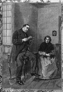 Komikern Moessard läser sin fru. Gravyr i den berömda journalen "" La jeunesse"" av Unknown artist