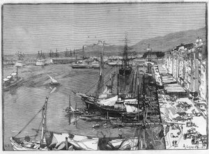 Kommersiella fartyg och arsenal i hamnen i Toulon (Var), Frankrike. Gravyr i "" Le Monde Illustré"" av Unknown artist