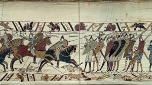 Erövra England av Vilhelm Erövraren (1027-1087) 1066, stridsscen mellan det normandiska kavalleriet som laddar det sachsiska infanteriet av kung Harold II av England Detalj av Bayeuxtapet eller broderi av drottning Mathilde av Unknown artist