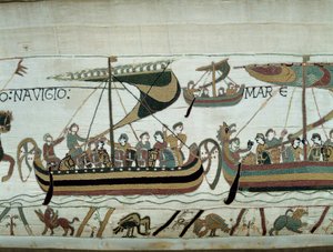 Erövring av England av Vilhelm Erövraren (1027-1087) 1066: de normandiska flottorna är på väg till England Detalj av Bayeuxtapet eller broderi av drottning Mathilde av Unknown artist