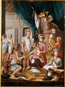 Erövringen av Mexiko: Montezuma (eller Moctezuma II), aztekisk kejsare (1466-1520) erbjuder presenter till erövraren Hernan Cortez (eller Cortes) (1485-1547) och svär lojalitet till kungariket Spanien. Anonym målning. Madrid. Museum of America. av Unknown artist