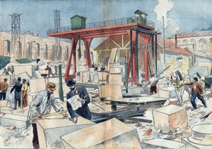 Byggandet av Grand Palais, i Paris 1898, med anledning av 1900 års världsutställning. I mitten, diamanthjulet för att skära skära skära stenar. Illustration i "" Le Pelerin"" den 3 juli av Unknown artist
