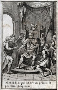 Kröning av Michael II amorianen (begen) (770-829) till bysantinsk kejsare efter hans frigivning från fängelset 820. Han är grundaren av den amoriska dynastin. Gravyr i "Beaute de l