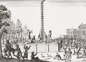 Lik av Johan och Cornelis de Witt hängande på galgar. av Unknown artist