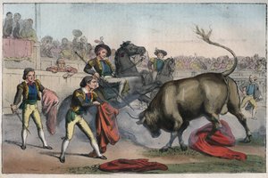 Corrida i Spanien: le picador - Tjur laddar en Picador - gravyr från "" Seder och traditioner för alla folk i universum. Det är historien om regeringen, om lagarna, om milisen, om religionen för alla nationer från de mest avlägsna tider upp till våra dagar av Unknown artist