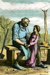 Cosette och Jean Valjean. Illustration till romanen "Les miserables" av Victor Hugo (1802-1885) Gravyr från 1865 Privat samling av Unknown artist