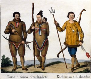 Kostym. Till vänster: Ett par grönlandseskimåer med sitt barn. Till höger: Labrador Eskimo. Litografi i början av 1800-talet av Unknown artist