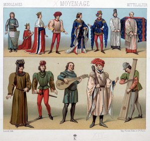 Dräkter och musiker under medeltiden från 1200- till 1400-talet. I "Den historiska kostymen" av A. Racquet av Unknown artist