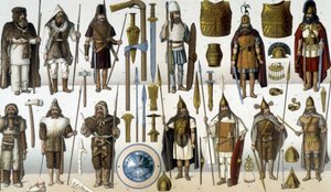 Kostymer, rustningar och vapen från barbariska krigare av Unknown artist
