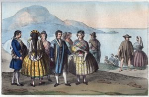 Dräkter av folket i Concepcion, Chile - gravyr från "" Tullar och seder för alla folk i universum. Det vill säga historien om regeringen, om lagarna, om milisen, om religionen för alla nationer från de mest avlägsna tiderna till våra dagar "1856 av Unknown artist