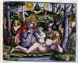 Skapelse: Gud representerad omgiven av människor och djur (hund, trana, lejon, rådjur, bäver, apa, enhörning, vildsvin, papegojor, kanin...), enligt Historiae animalium av Konrad Gesner, Tiguri av Unknown artist