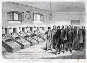 Pantins brott i oktober 1869. Konfrontation vid bårhuset. gravyr från 1869 av Unknown artist
