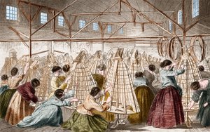 Krinolinfabriker: läggning av bågar. 1865 gravyr. av Unknown artist