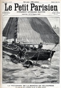 Korsar hylsan i velociped: en fiskebåt samlar Georges Pinkert till sjöss som hade gjort vadet att korsa hylsan med den vattenvelociped han hade uppfunnit. Gravyr i "" Le Parisien"" av Unknown artist