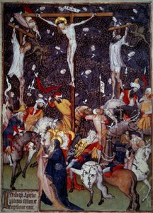 Korsfästelse. Svarta änglar flyger runt de dömdas kroppar. Romare till häst vänder sig runt korset för att begrunda scenen. Miniatyr från ett 1400-talsmanuskript. Paris, B.N. av Unknown artist