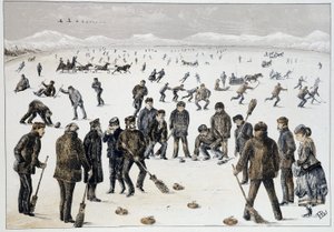 Curling på en frusen sjö nära Halifax, Nova Scotia - i "" Skisser över kanadensiska sporter och tidsfördriv"" av Lieut. Henry Buckton Laurence av Unknown artist