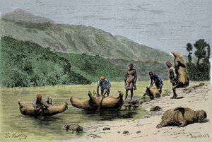 Seder och transportsätt: skinn från uppblåsta djur som används för att korsa floder. Gravyr av 1800-talet av Unknown artist