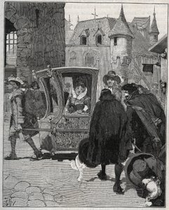 Bestick: båtsmän omringar stolen av Marie de Rabutin-Chantal (Rabutin Chantal), markisen de Sevigne dit Madame de Sevigne (1626-1696) för att sälja knivar till honom när han anlände till Nogent (Haute Marne) 1675. Gravyr från 1885 i "" Les arts et metiers  av Unknown artist