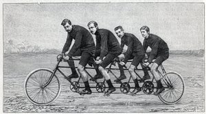 Cyklist på en cykel som kallas "quadruplette gladiator". Gravyr i "" La Nature"" av Unknown artist
