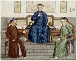 Kinesernas dagliga liv: Te och tobak - gravyr av Unknown artist
