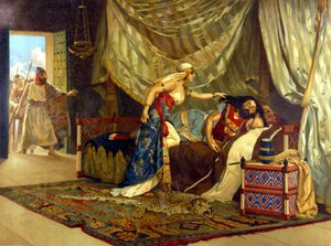 Dalila är på väg att klippa Samsons hår för att förbättra hennes styrka. 1800-talet. av Unknown artist
