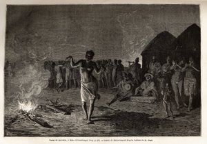 Dans från Malinkes, befolkningen och språket i Västafrika (Guinee, Senegal, Mali och Elfenbenskusten), dansare samlas vid nattens grav och dansar runt elden till rytmen av traditionell musik. Gravyr för att illustrera historien om löjtnant Mages av Unknown artist