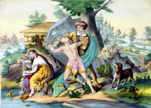 Daniel Boone skyddar sin familj: Daniel Bonne, amerikansk pionjär (1734 - 1820) dödar en indier som attackerar hans familj med en yxa. Gravyr 1800-talet. av Unknown artist