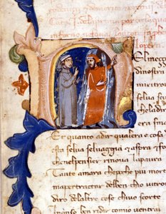 Dante och Vergilius vid helvetets ingång. (lettrine "" N "") Incipit of Hell of a Divina Commedia (gudomlig komedi) från 1300-talets Milano, Trivulzianska biblioteket. (Mitt i vårt livs resa ...) av Unknown artist