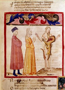Dante och Vergilius möter själen hos en syndare som är dömd att bli uppslukt av en drake. Upplyst sida som illustrerar en helveteslåt hämtar från "Divina Commedia" av Dante Alighieri (1265-1321). 1300-talet, Venedig, Biblioteca Marciana av Unknown artist