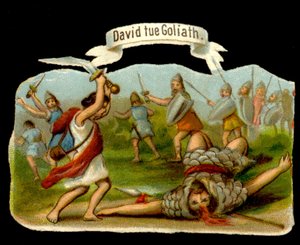 David och Goliat: David dödar Goliat med sin älskling. 1800-talets kromolitografi. av Unknown artist