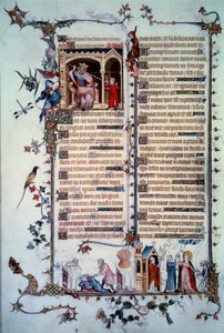 David hotar av Saul. Allegori om girighet. Nattvardens sakrament. Allegori om välgörenhet. Miniatyr hämtad från psalmen "Breviaire de Belleville"" av Unknown artist