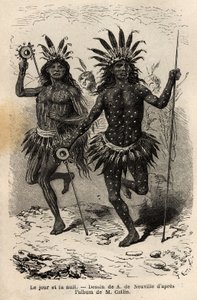 Dag och natt, målningar på kroppen av dansarna från den religiösa ceremonin och försoningen, avrättade av hövdingarna och hans följeslagare, bland Mandans indianer (eller noumah ka kie: fasaner), på Missouris vänstra strand. Gravyr för att illustrera en ut av Unknown artist