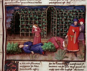 Död Två personer dödades av döden. Miniatyr från "" Le Decameron"" av Jean Boccace (Giovanni Boccaccio) (1313-1375) 1450 Paris, Arsenals bibliotek av Unknown artist