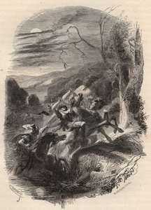Död av Indutiomarus (Induziomaro) chef för Trevires, dödad av den romerska armén 53 f.Kr. Gravyr från 1868 i "Histoire de Belgique från primitiv tid till slutet av Leopold I:s rege"" av Theodore Juste (1818-1888). Privat samling. av Unknown artist