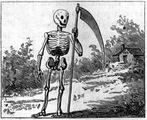 Döden representerad med en falsk. 1860 gravyr. av Unknown artist