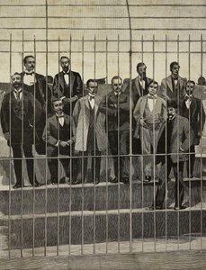 De åtalade i rättegången mot Giuseppe de Felice Giuffrida (1859-1920) och hans följeslagare, Palermo, Italien, gravyr efter fotografi av E Interguglielmi från L