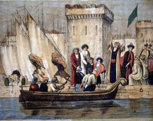 Avgår från Algerernas morer, efter koloniseringen av fransmännen, En ålder eller sjuk man lastas på en båt. 1800-talet av Unknown artist