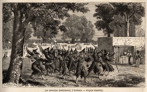 Dervishes Nakhisbendi, en persisk bokhara, Iran). Teckning av Emile Bayard (1837-1891), för att illustrera resan till Centralasien, 1863, av Arminius Vambery (ungersk vetenskapsman förklädd i dervisch). Gravyr i "" Le tour du monde", redigerad av Edouard C av Unknown artist