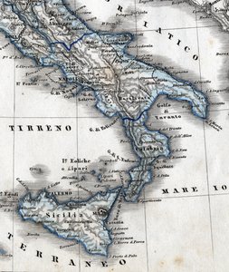 Detalj av en geografikarta som representerar södra Italien (Kampanien, Kalabrien, Sicilien, Puglia, Molise Abruzzo-regionerna). 1800-talet av Unknown artist