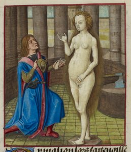 Detalj av en miniatyr av Pygmalion på knäna, ber om förlåtelse från statyn. av Unknown artist